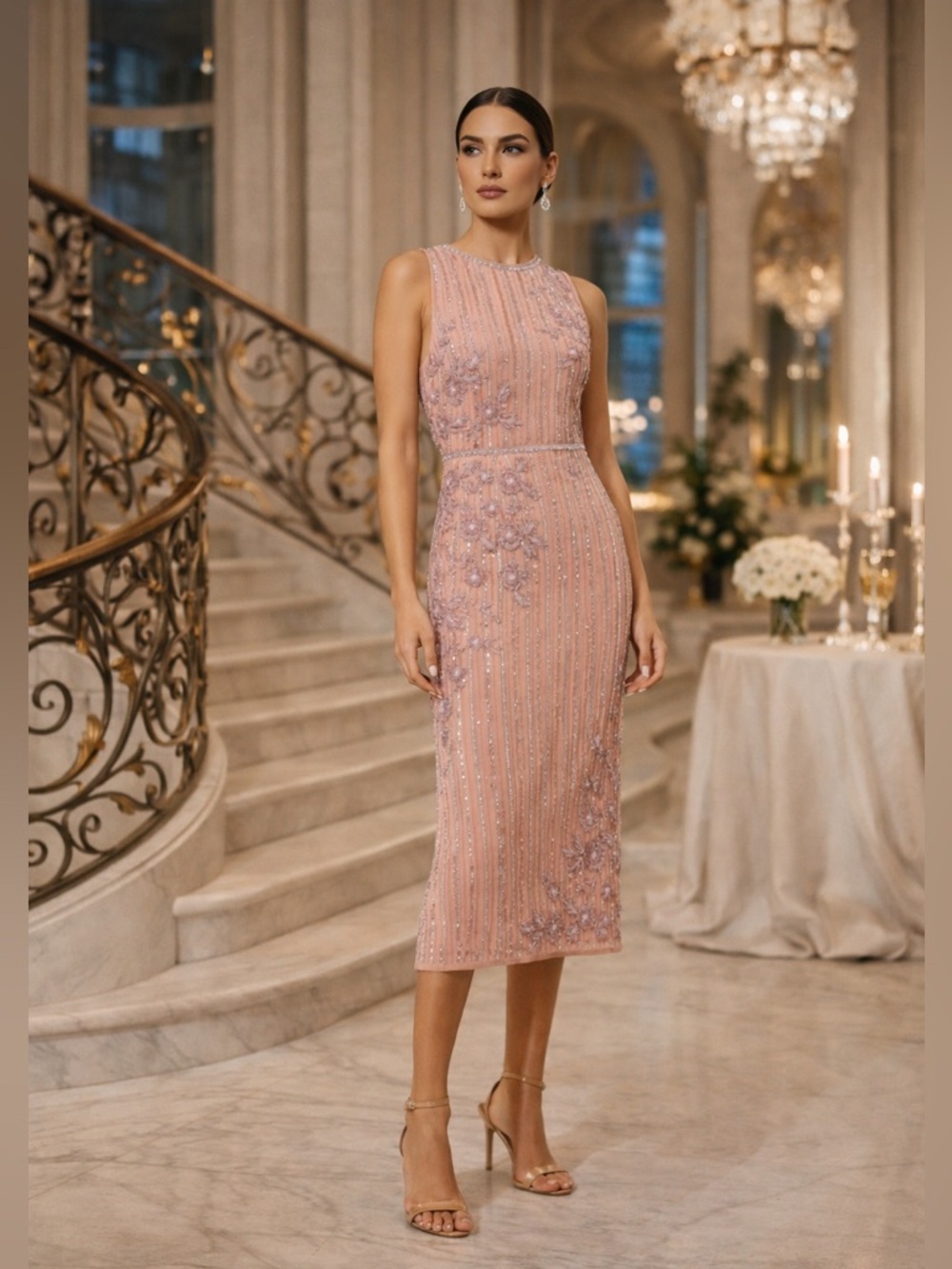 New MAC DUGGAL Pink Striped Floral Embellished Sleeveless Midi Dress - Size 12